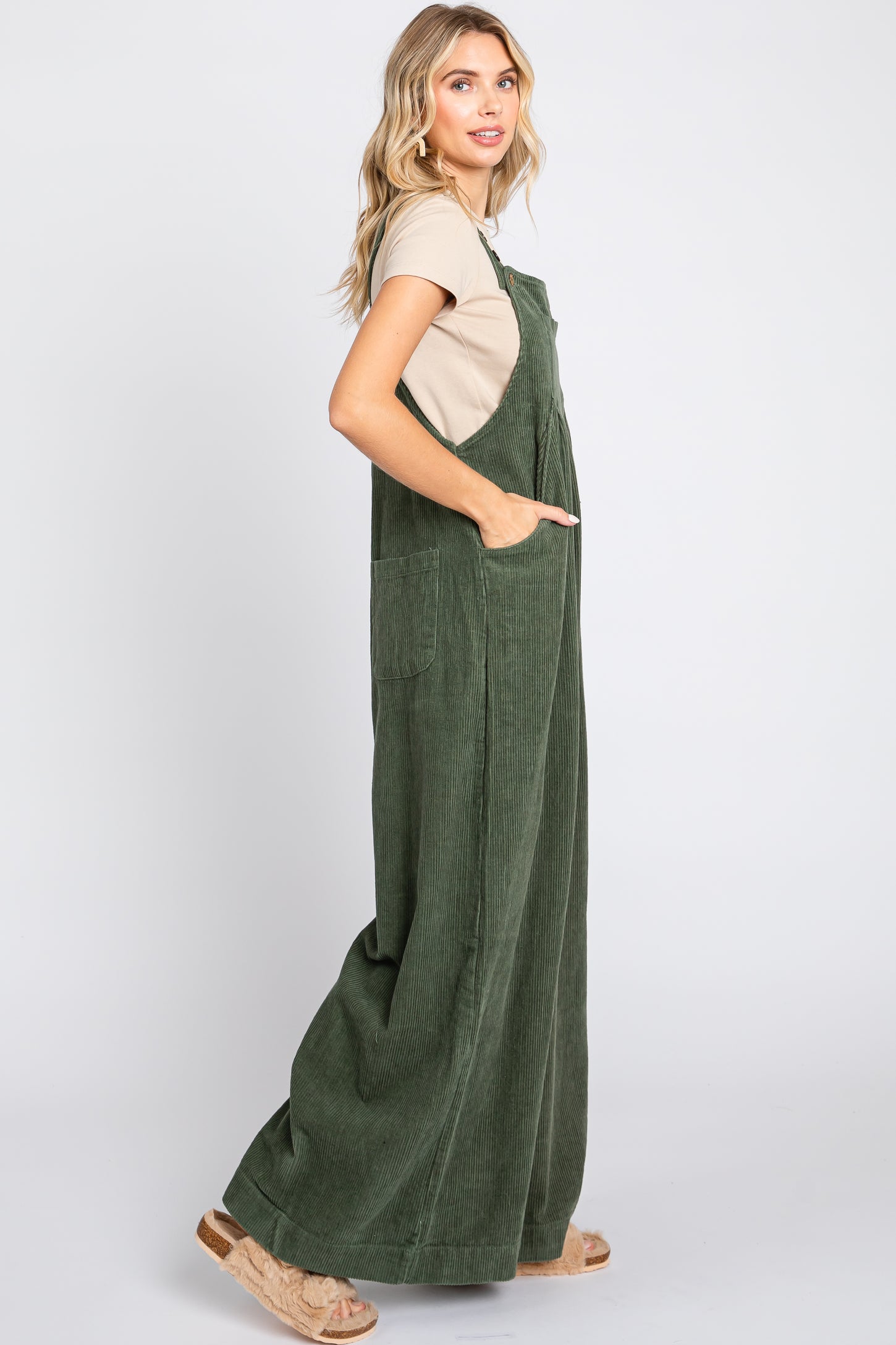 Olive Corduroy Front Pleated Wide Leg Overalls PinkBlush Olive Corduroy Front Pleated Wide Leg Overalls PinkBlush