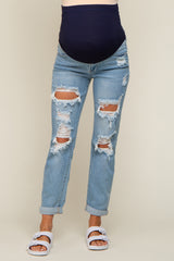 Light Blue Distressed Cuffed Maternity Skinny Jeans