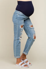 Light Blue Distressed Cuffed Maternity Skinny Jeans
