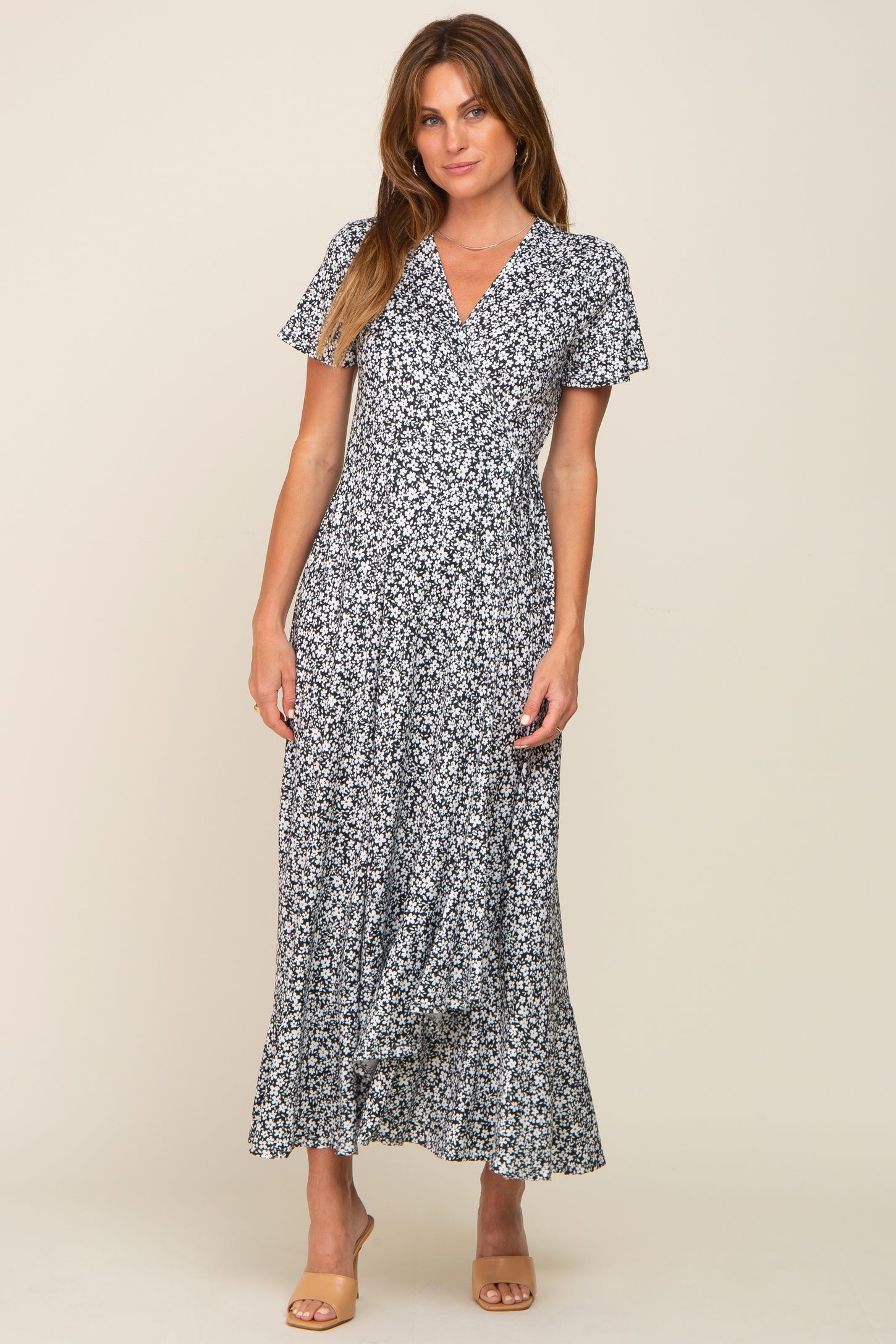 Black Floral Short Sleeve Wrap Maxi Dress