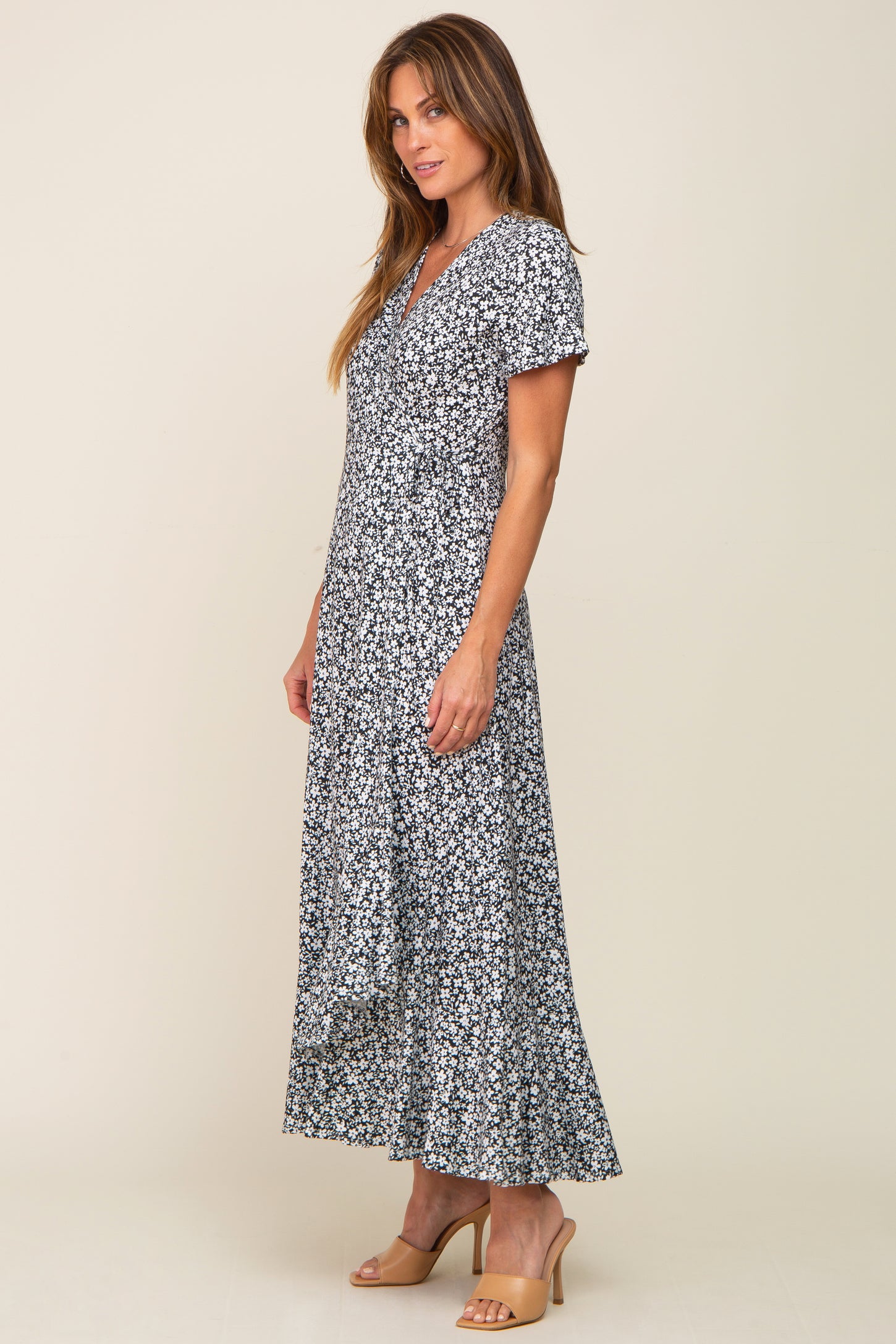 Black Floral Short Sleeve Wrap Maxi Dress