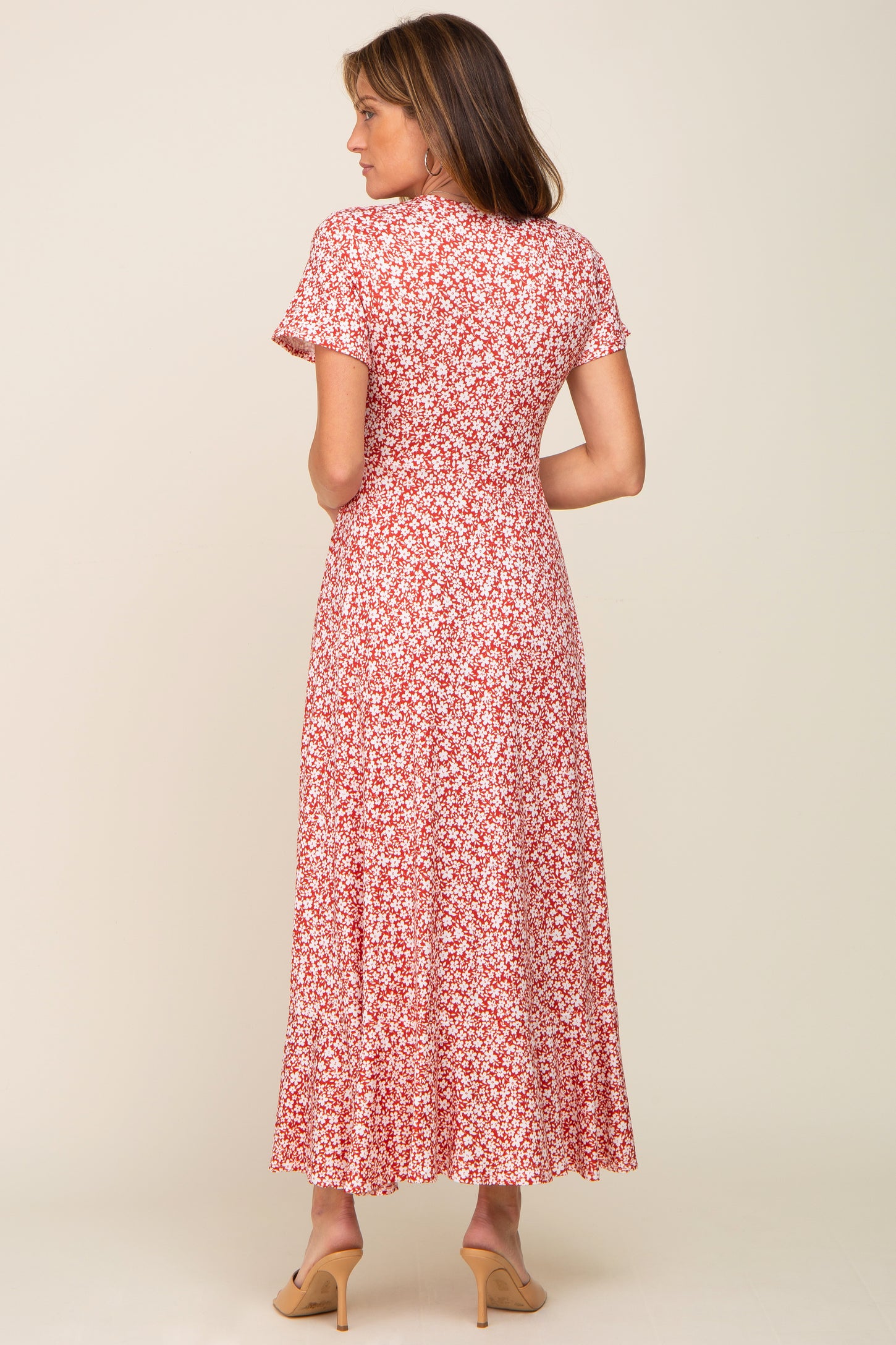 Red Floral Short Sleeve Wrap Maxi Dress