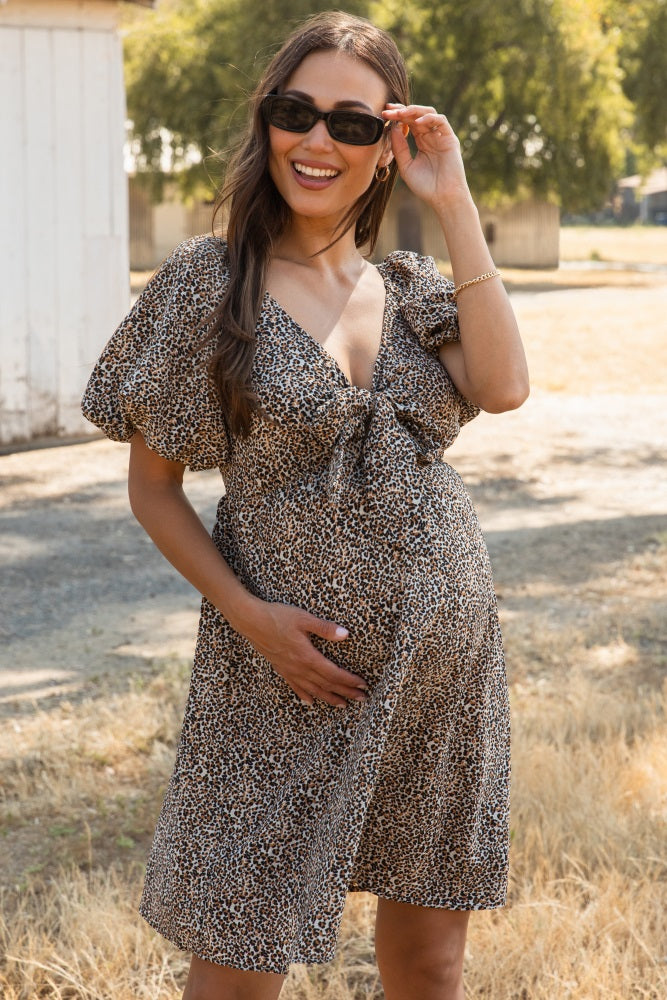 Cream Cheetah Print Knotted Puff Sleeve Maternity Dress Cream Cheetah Print Knotted Puff Sleeve Maternity Dress