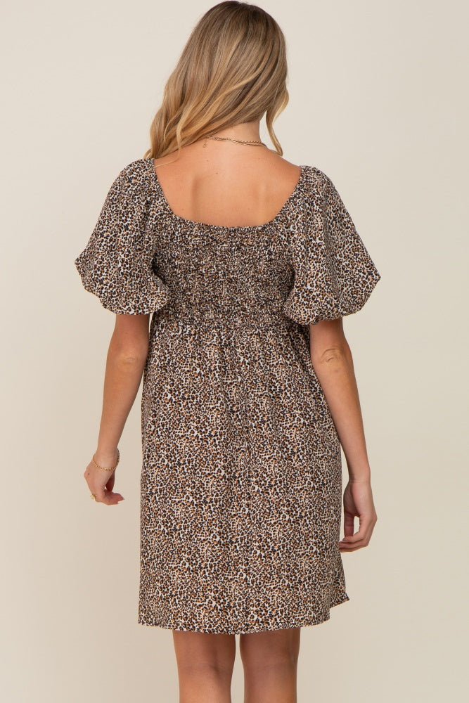 Cream Cheetah Print Knotted Puff Sleeve Maternity Dress