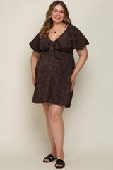 Navy Cheetah Print Knotted Puff Sleeve Plus Maternity Dress