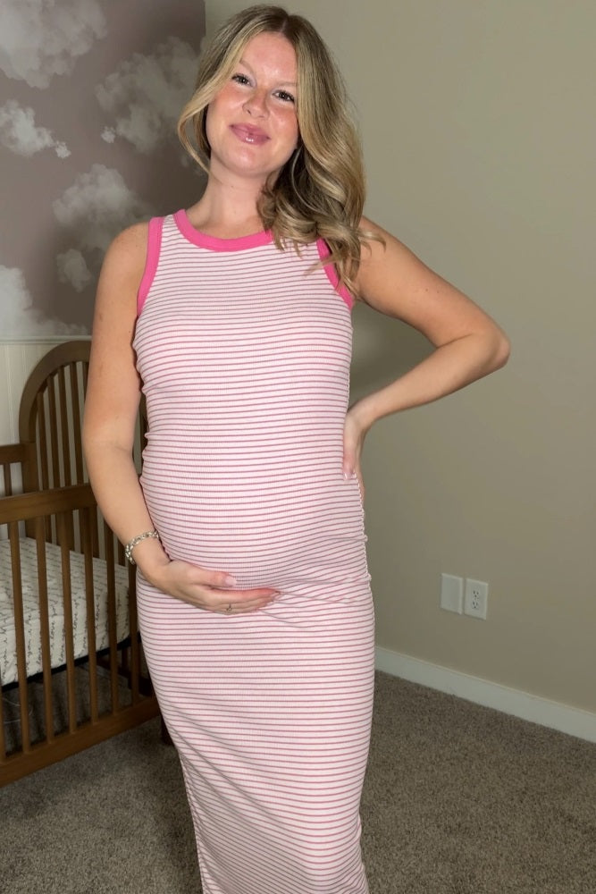 Pink Striped Ribbed Sleeveless Maternity Maxi Dress