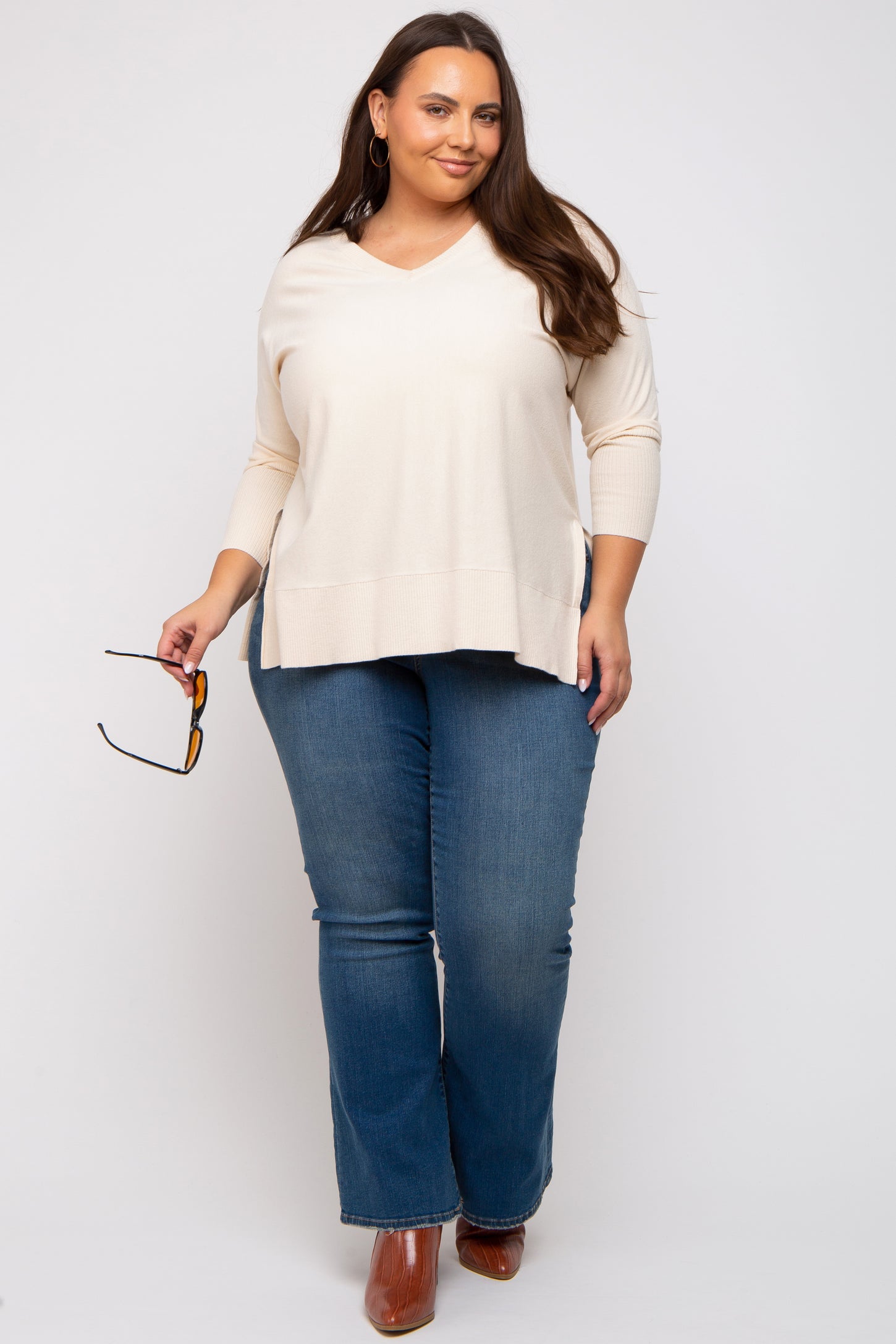 Cream Knit Long Dolman Sleeve Plus Top