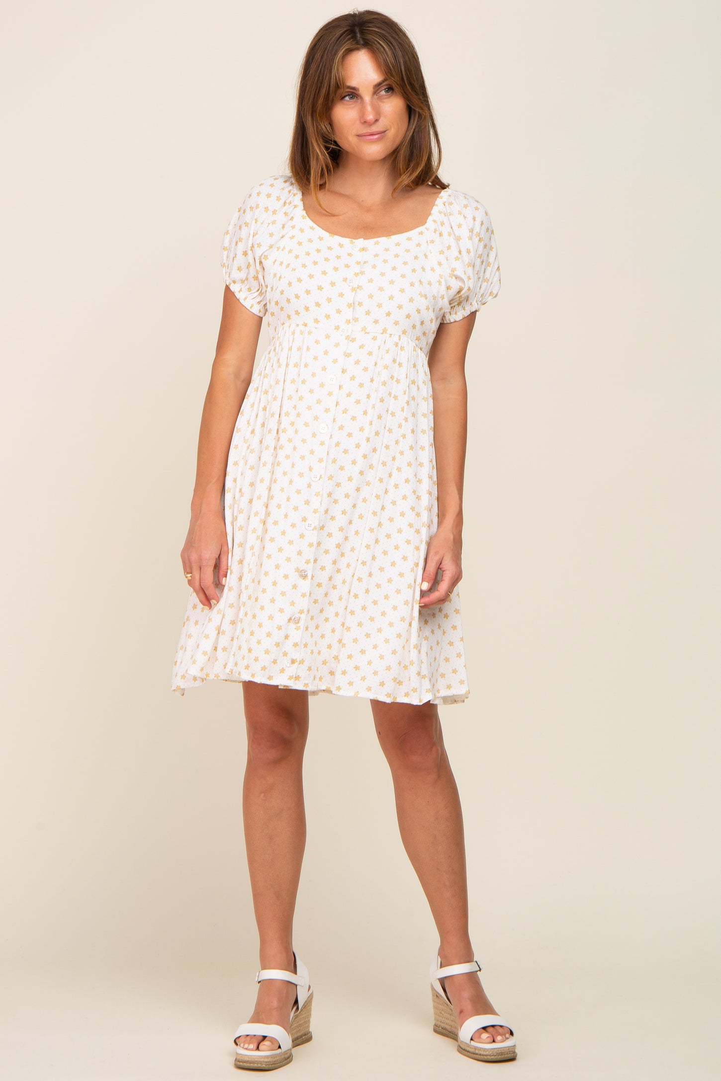 Yellow Floral Dotted Button Front Dress