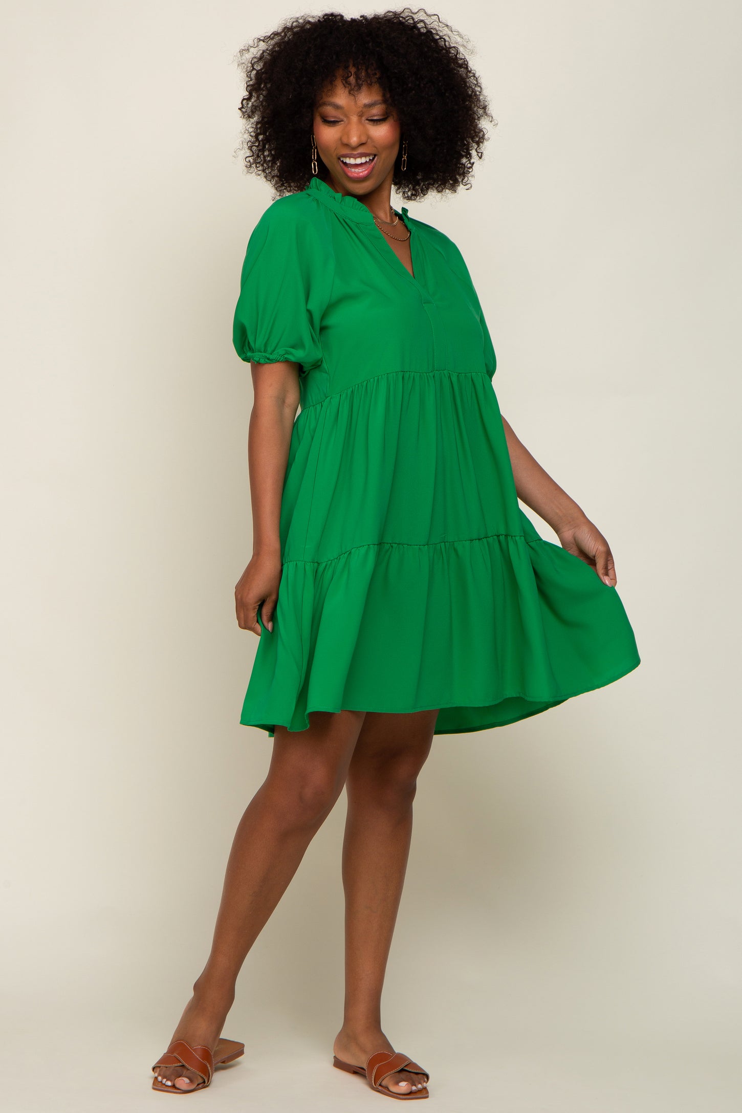 Green Satin Ruffle V-Neck Short Sleeve Maternity Dress PinkBlush Green Satin Ruffle V-Neck Short Sleeve Maternity Dress PinkBlush