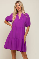 Purple Satin Ruffle V-Neck Short Sleeve Dress