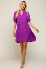 Purple Satin Ruffle V-Neck Short Sleeve Dress