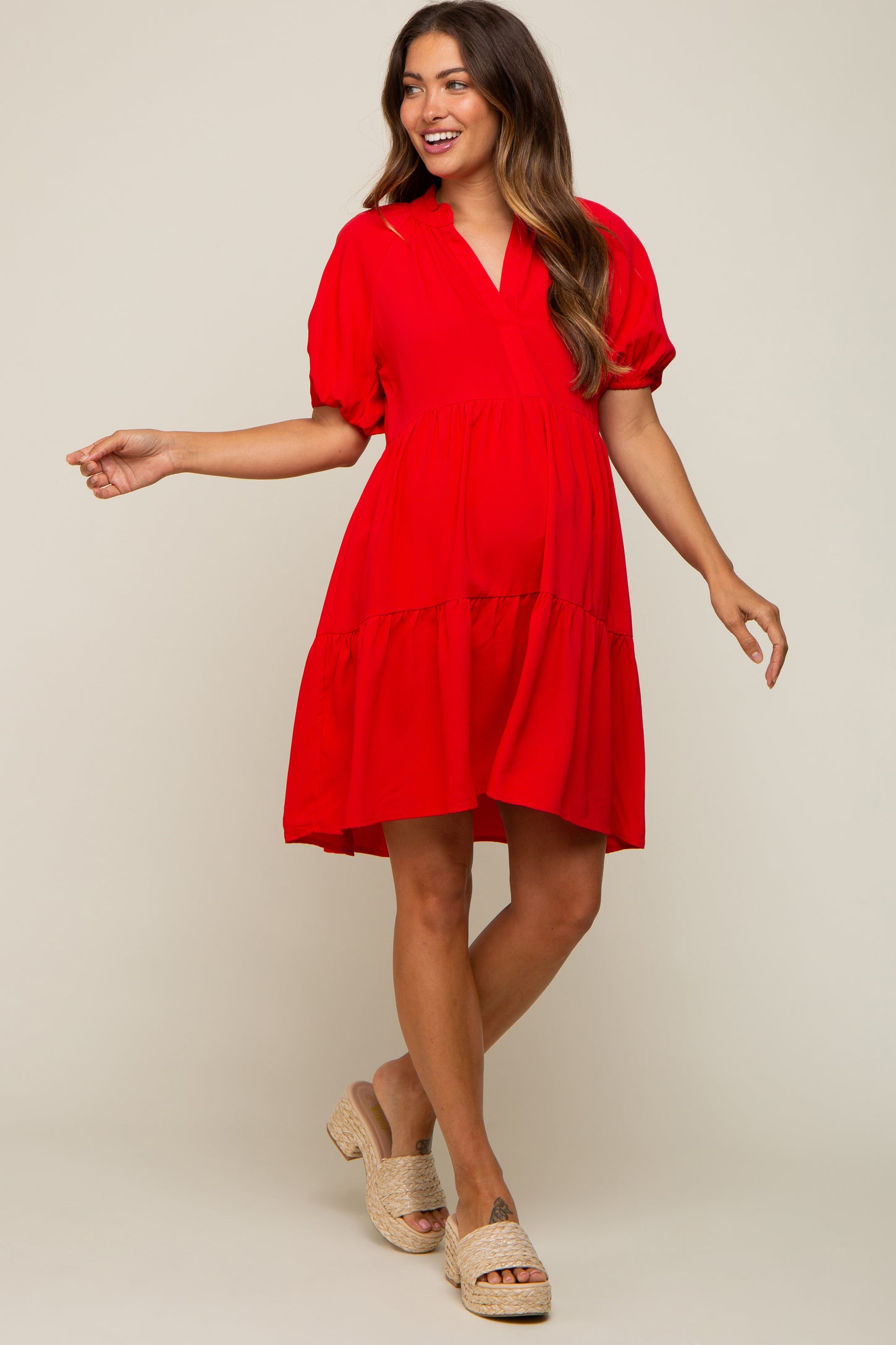 Red Satin Ruffle V-Neck Short Sleeve Maternity Dress