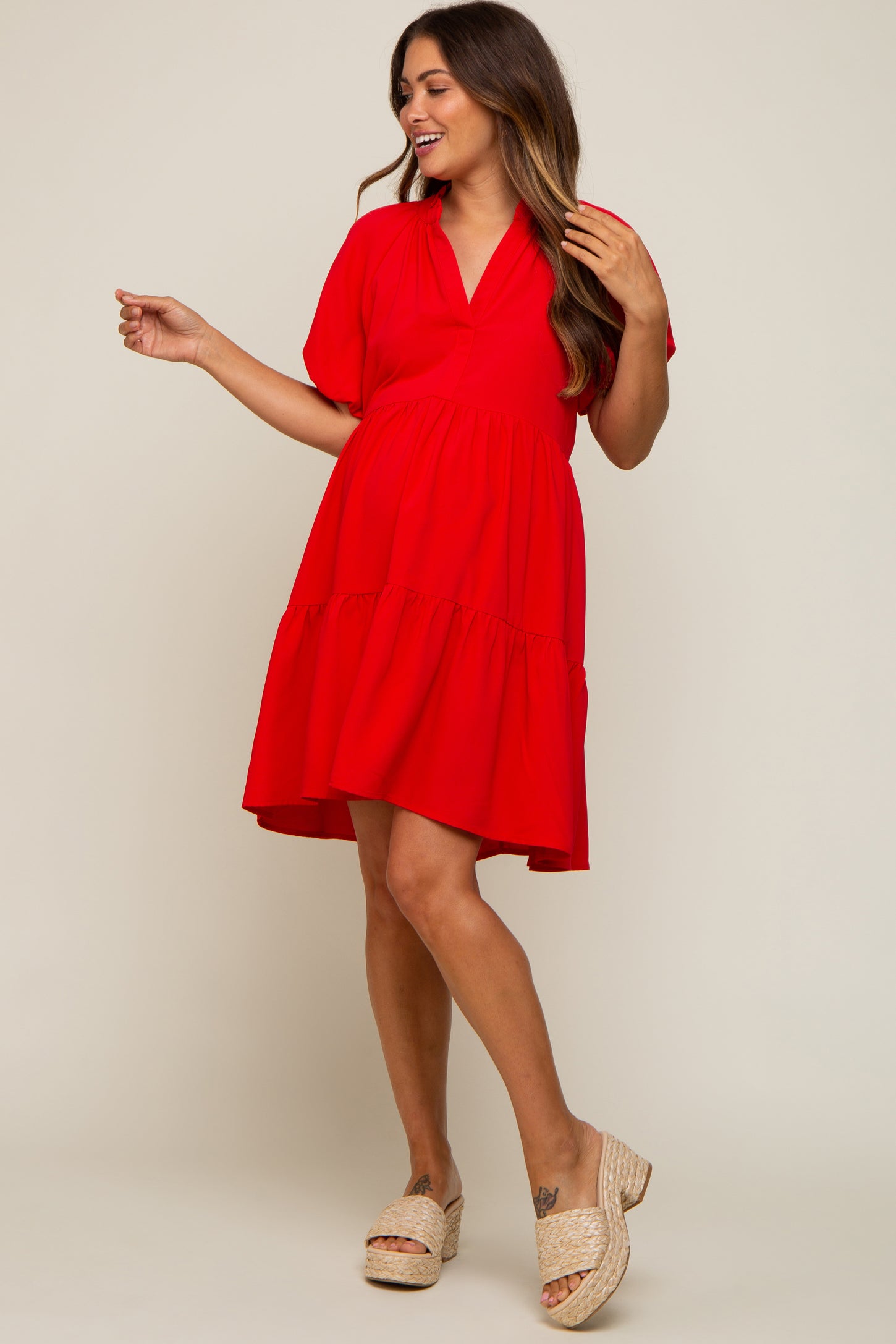 Red Satin Ruffle V-Neck Short Sleeve Maternity Dress