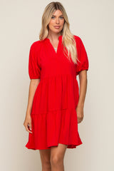 Red Satin Ruffle V-Neck Short Sleeve Dress