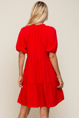 Red Satin Ruffle V-Neck Short Sleeve Dress
