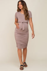 Mocha Front Tie Ruched Maternity Dress