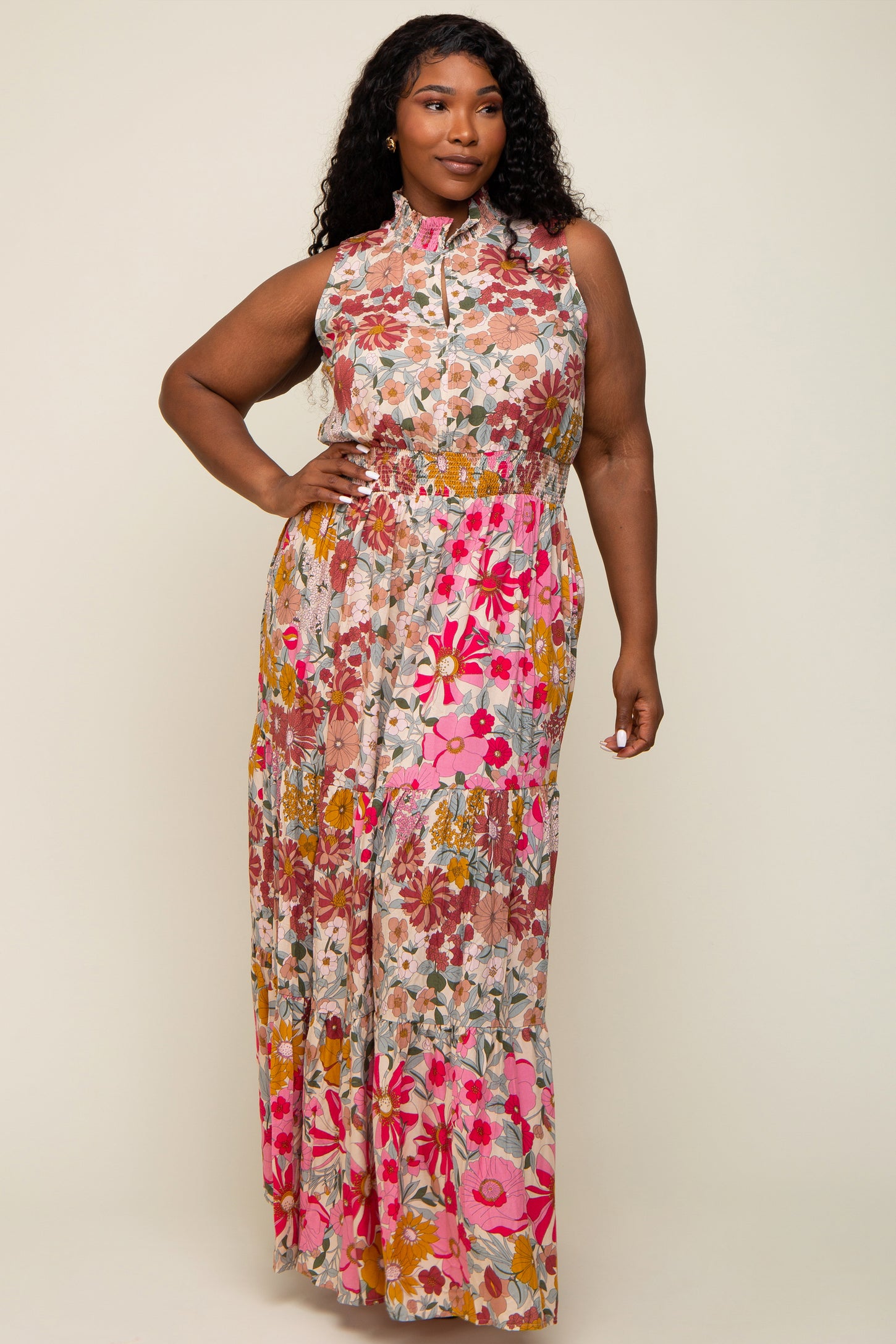 Pink Floral Mock Neck Maternity Plus Maxi Dress