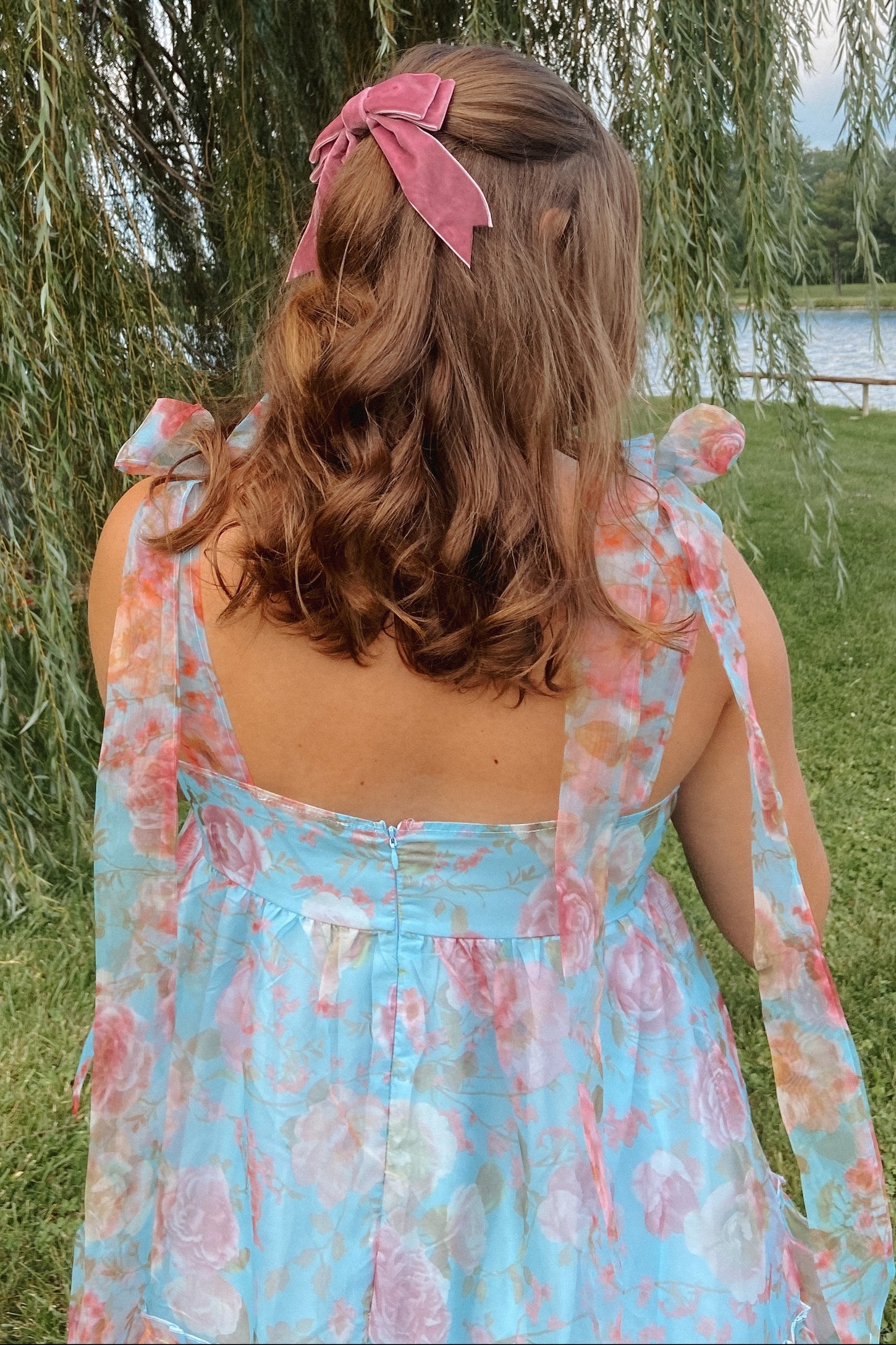 Blue Tiered Floral Print Organza Maxi Dress