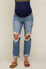 Blue Distressed Cuffed Maternity Jeans