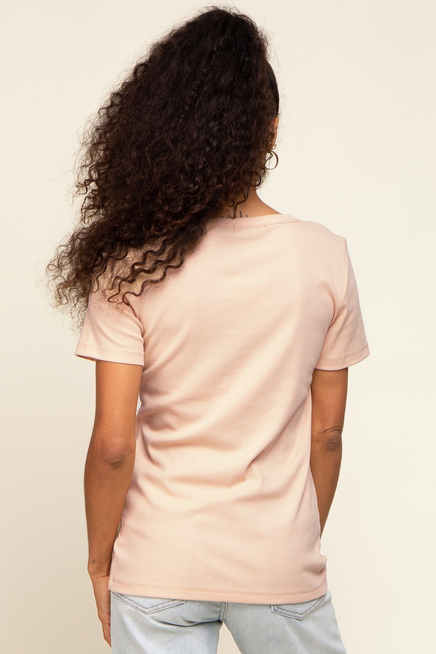 Beige Ribbed V-Neck Top