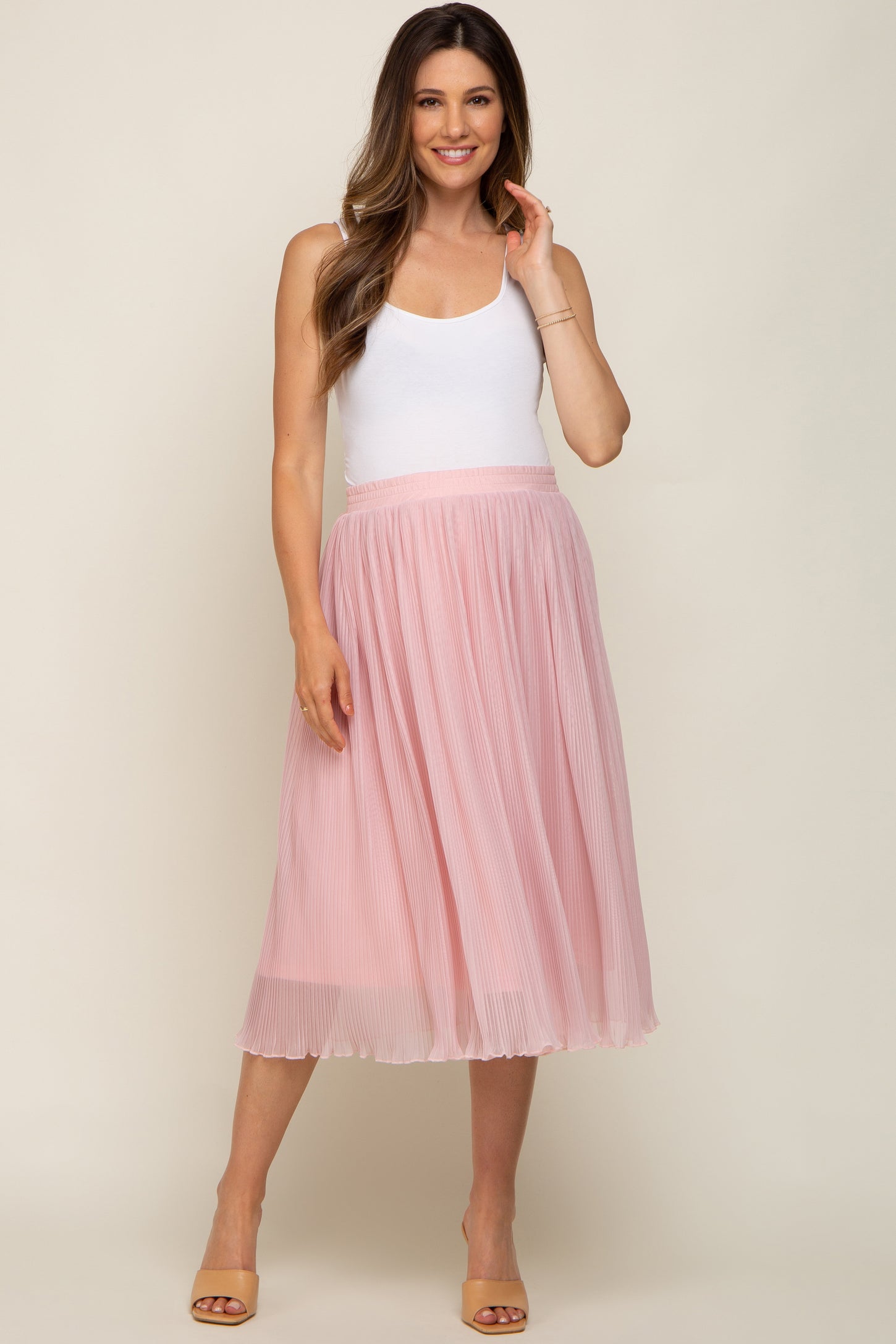 Pink Pleated Maternity Midi Skirt