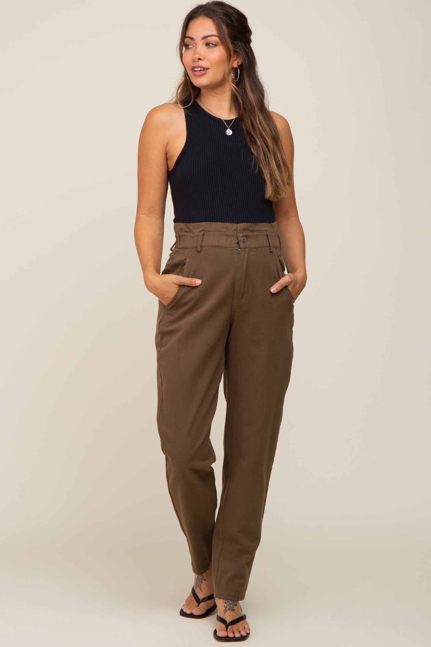 Olive Smocked Waist Straight Leg Maternity Jeans