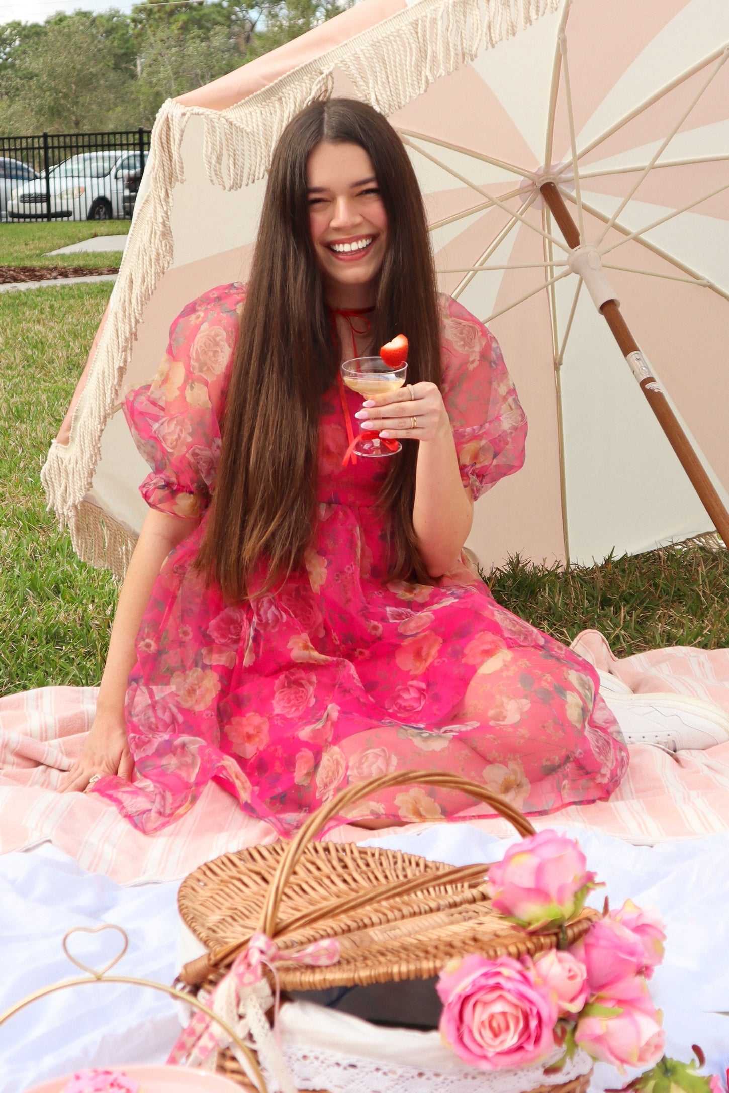 Pink Floral Organza Square Neck Babydoll Dress