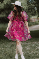 Pink Floral Organza Square Neck Babydoll Dress