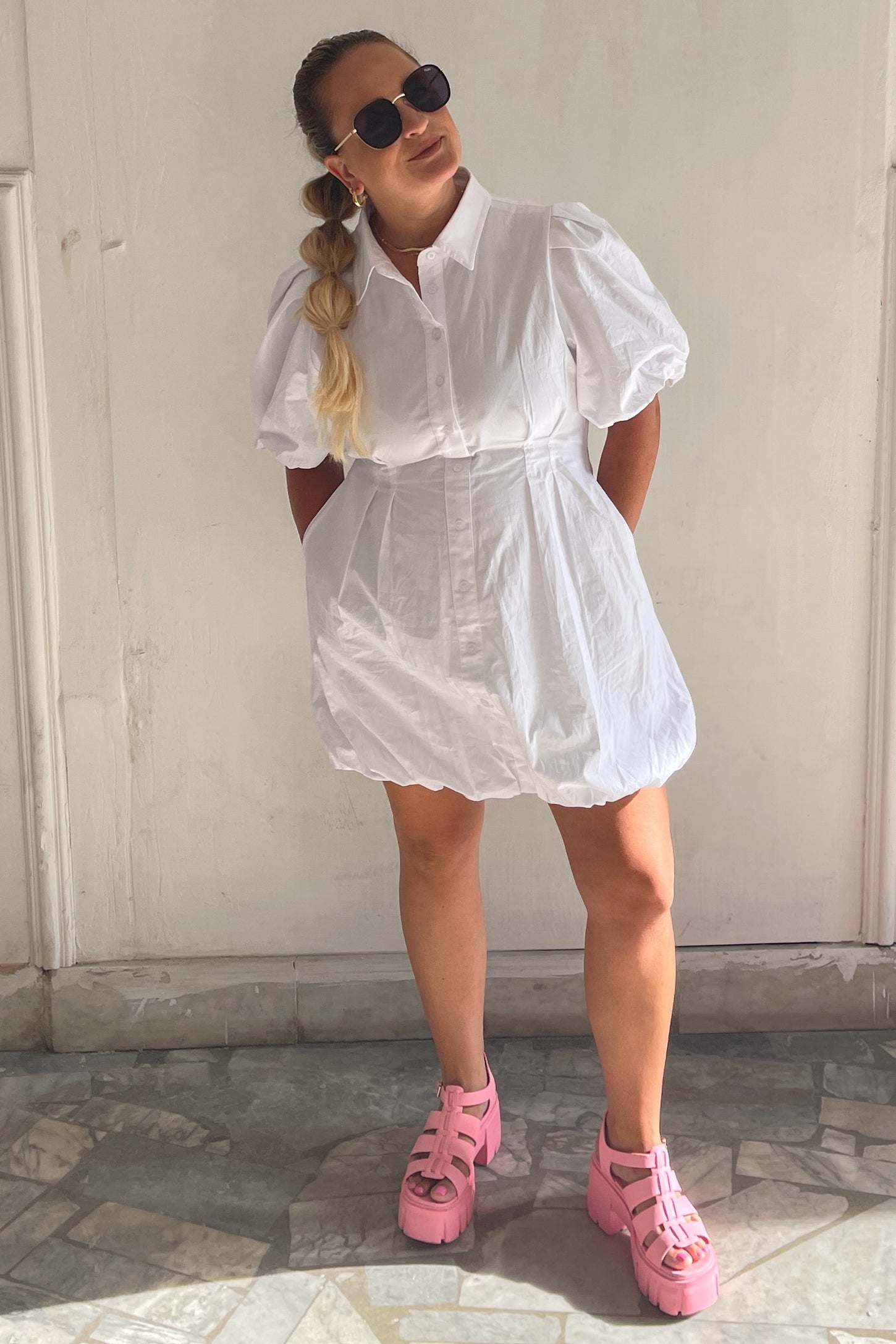 White Bubble Hem Shirt Dress