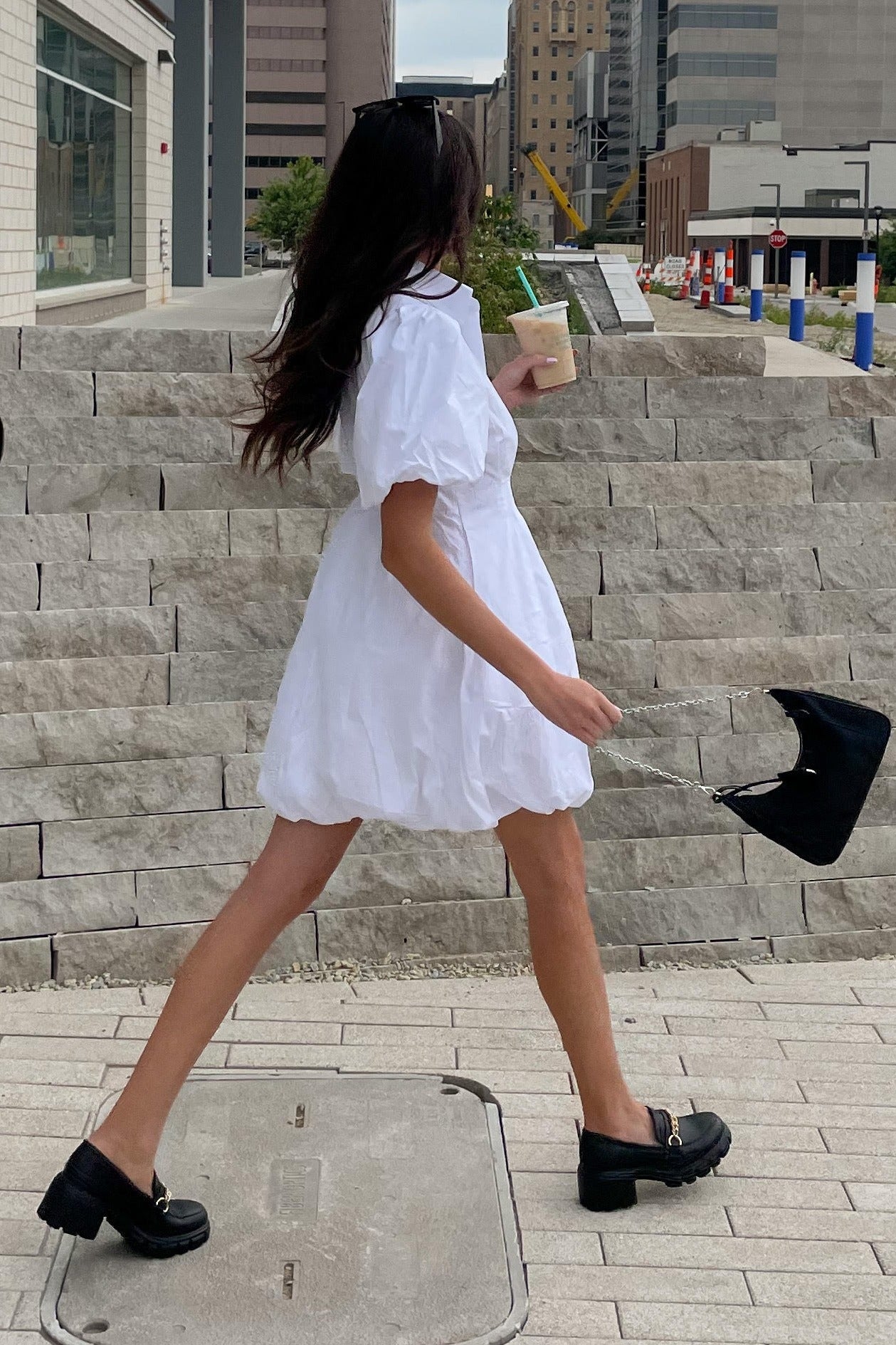 White Bubble Hem Shirt Dress