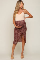 Burgundy Dot Print Ruched Slit Maternity Skirt