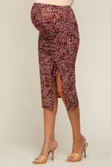 Burgundy Dot Print Ruched Slit Maternity Skirt