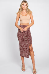 Burgundy Dot Print Ruched Slit Skirt