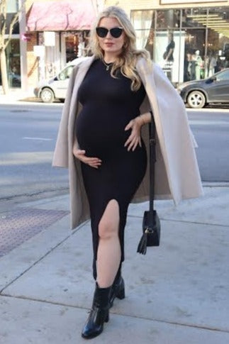 Black Mock Neck Front Slit Short Sleeve Maternity Maxi Dress