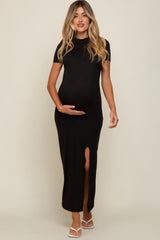 Black Mock Neck Front Slit Short Sleeve Maternity Maxi Dress