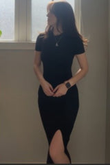 Black Mock Neck Front Slit Short Sleeve Maxi Dress