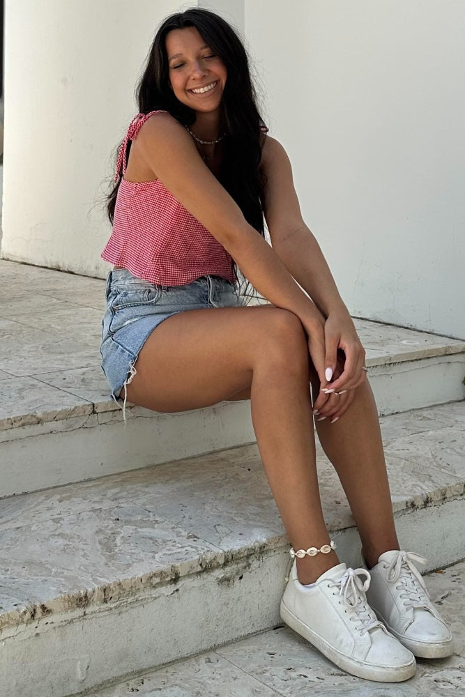 Cherry Shoulder Tie Strap Fit And Flare Gingham Crop Top