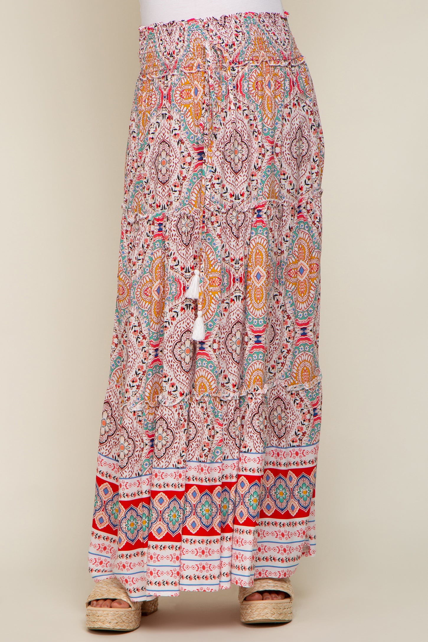 Red Printed Smocked Waist Maternity Maxi Skirt