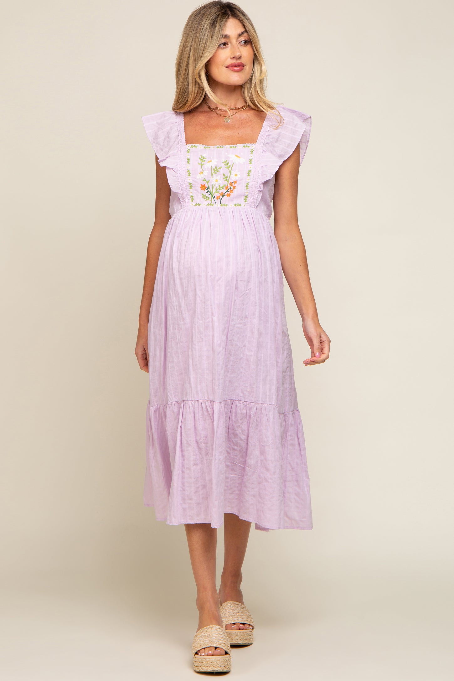 Lavender Floral Embroidered Tie Back Maternity Midi Dress