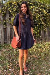 Navy Button Front Bubble Mini Dress