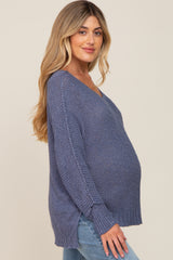 Blue Chunky Knit Side Slit Maternity Sweater