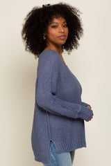 Blue Chunky Knit Side Slit Sweater