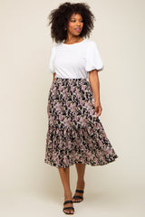 Black Floral Plisse Ruffle Accent Midi Skirt