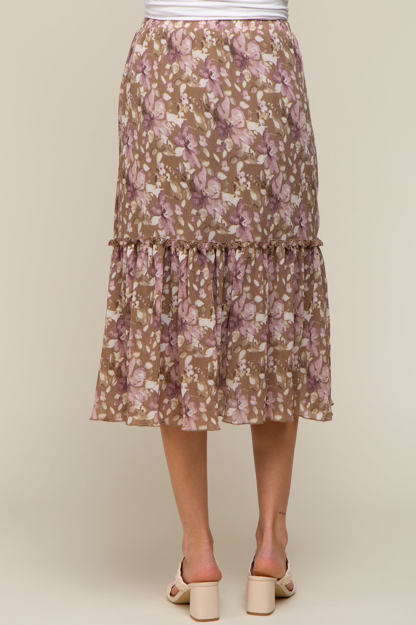 Mocha Floral Plisse Ruffle Accent Maternity Midi Skirt
