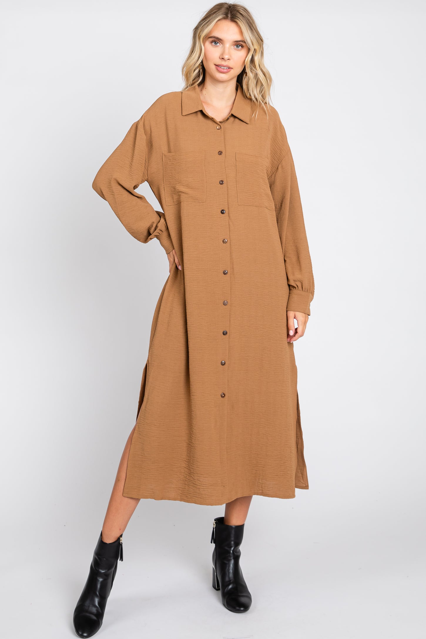 Camel Button Down Collared Maternity Maxi Dress