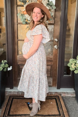 Cream Floral Flutter Maternity Midi Dress