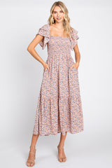 Light Pink Floral Flutter Maternity Midi Dress