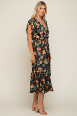 Black Floral Satin Ruffle Midi Dress