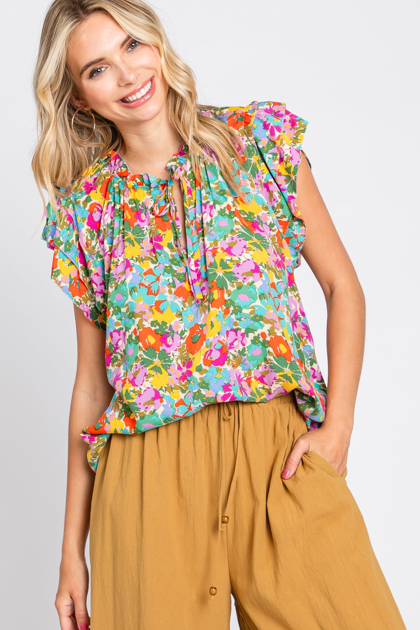 Mint Green Multi-Color Floral Ruffle Front Tie Maternity Top