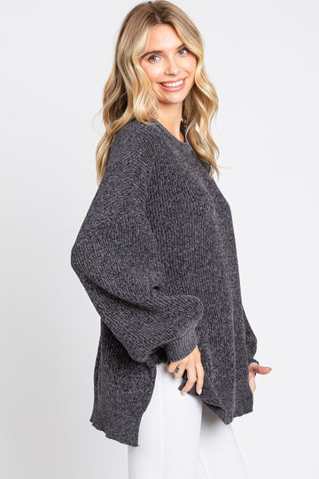 Charcoal Chenille Knit Balloon Sleeve Sweater